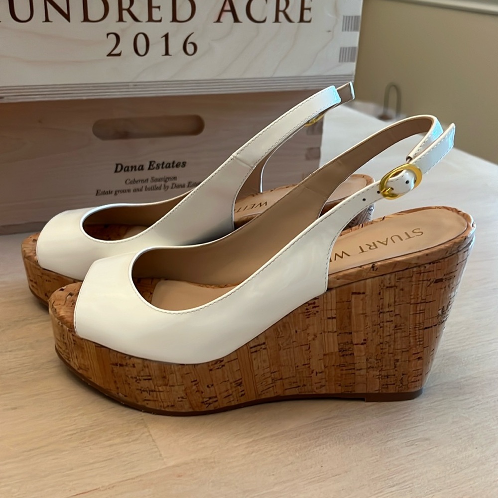 Stuart Weitzman White Patent Slingback Coated Cork Wedge
